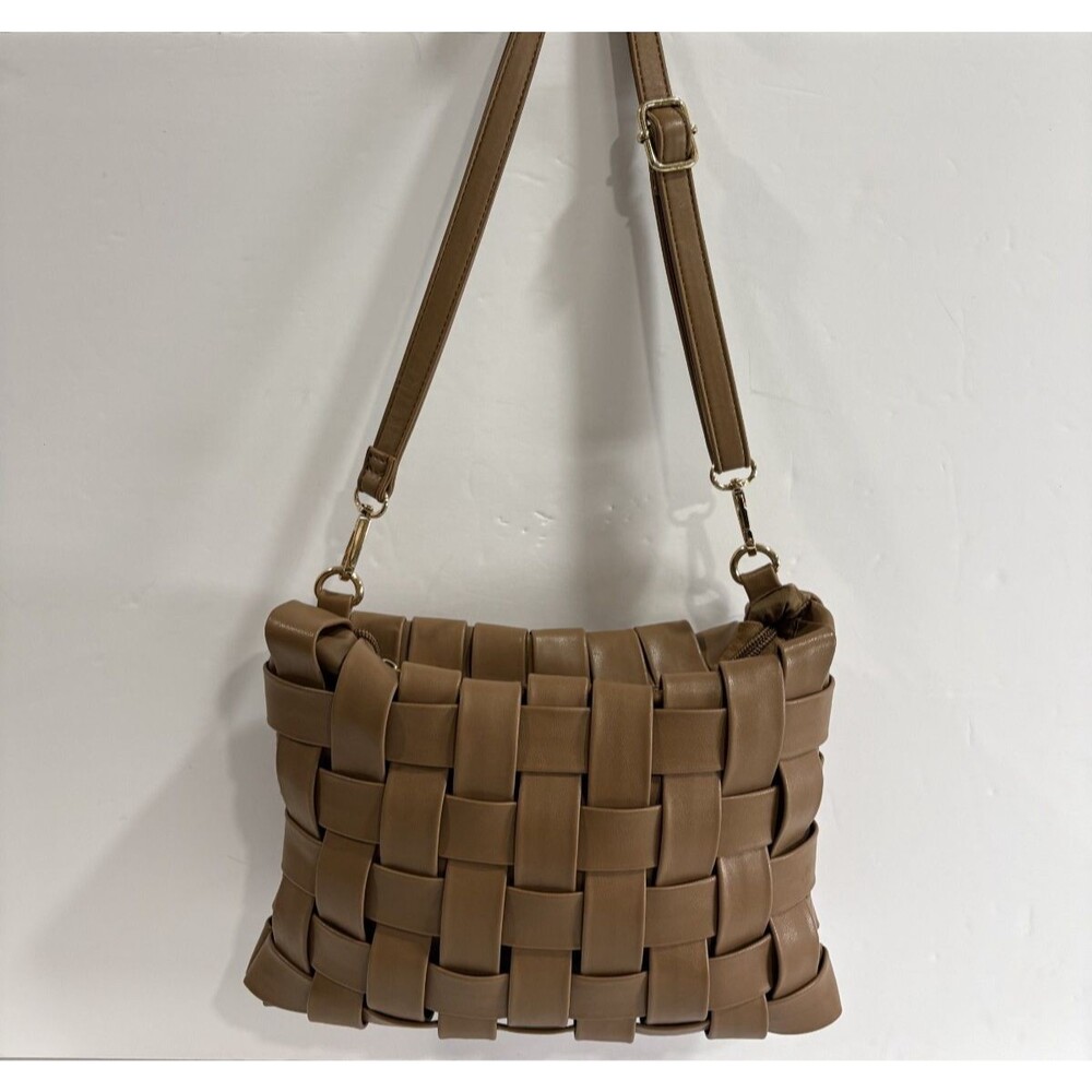 Anthropologie Women's Brown Faux Woven Leather Minimalist Crossbody Bag Clutch